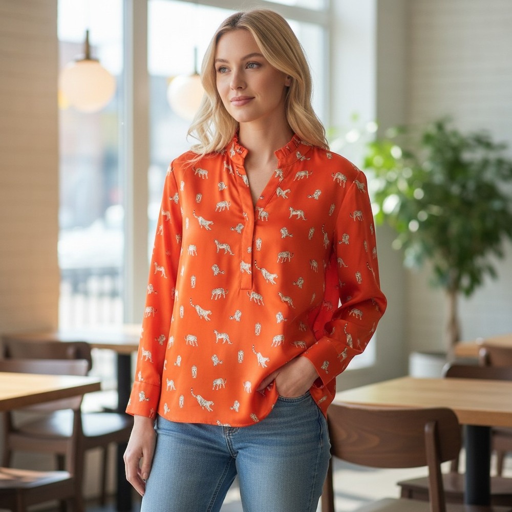 Chicos Orange Leopard Print Ruffle Neck Blouse Long Sleeve Satin Top Size 1 M/L